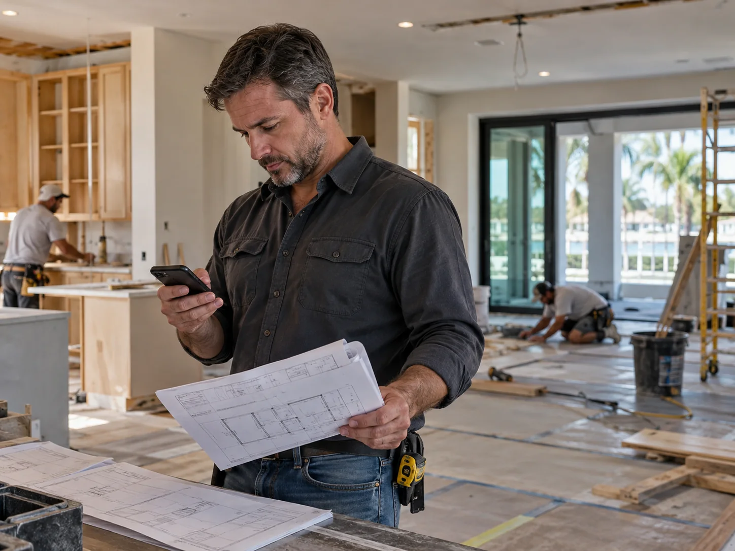 Residential contractor reviewing jobsite notes and construction plans during a home renovation